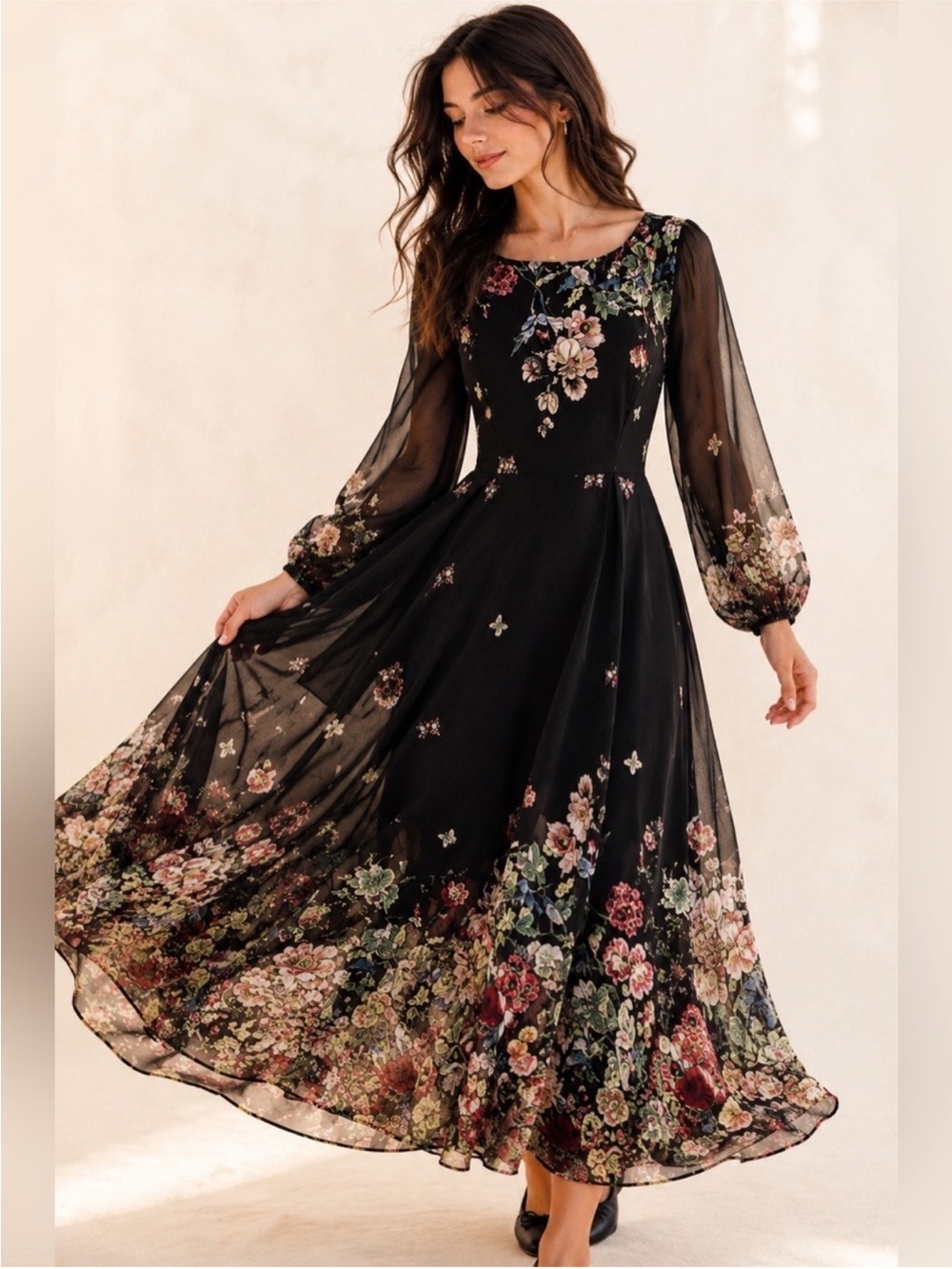 Whimsigoth Black Floral Butterfly Maxi Dress Romantic Cottagecore